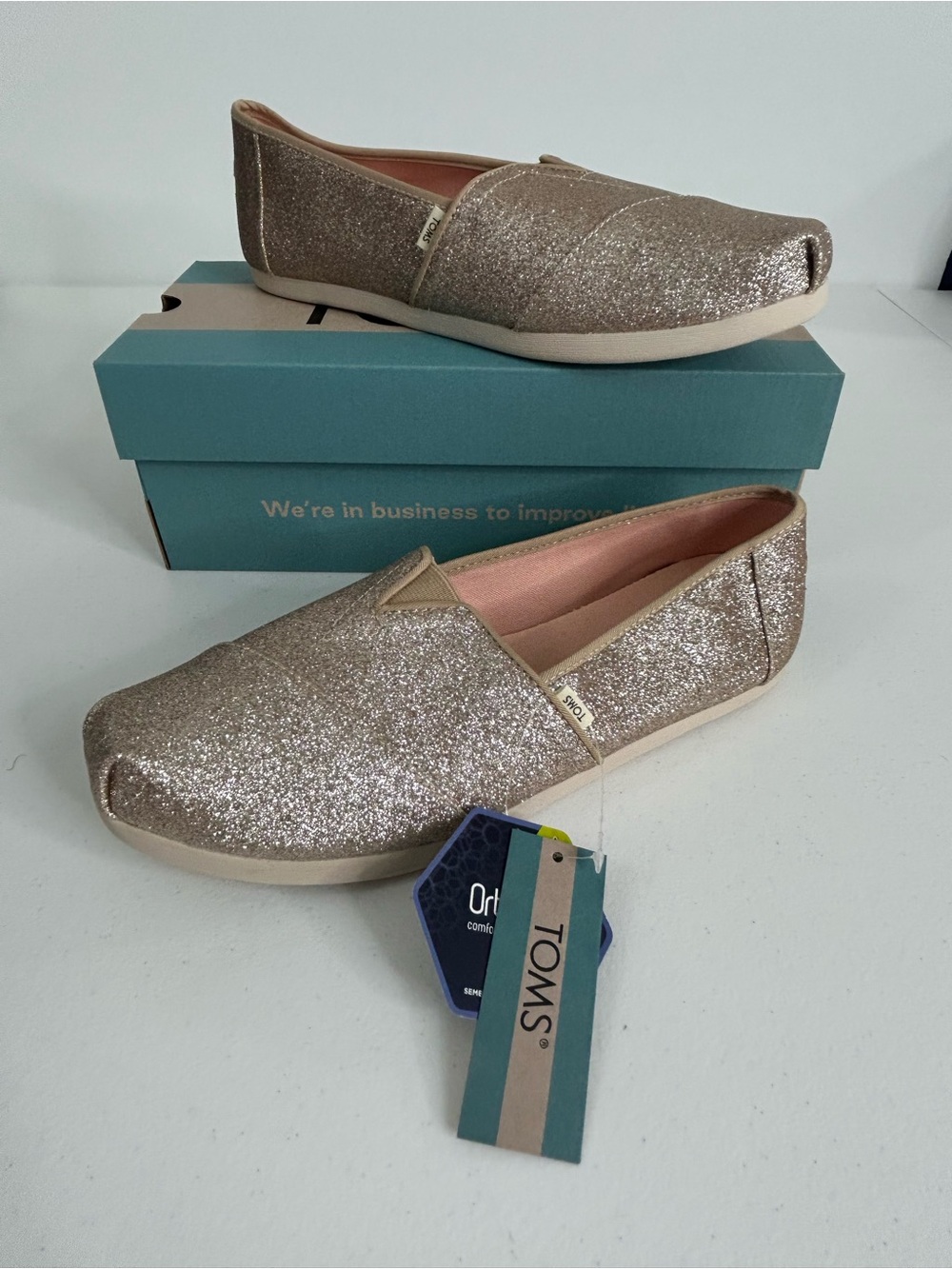 Toms Alpargata Champagne Glitter Shoes Size 8 NIB